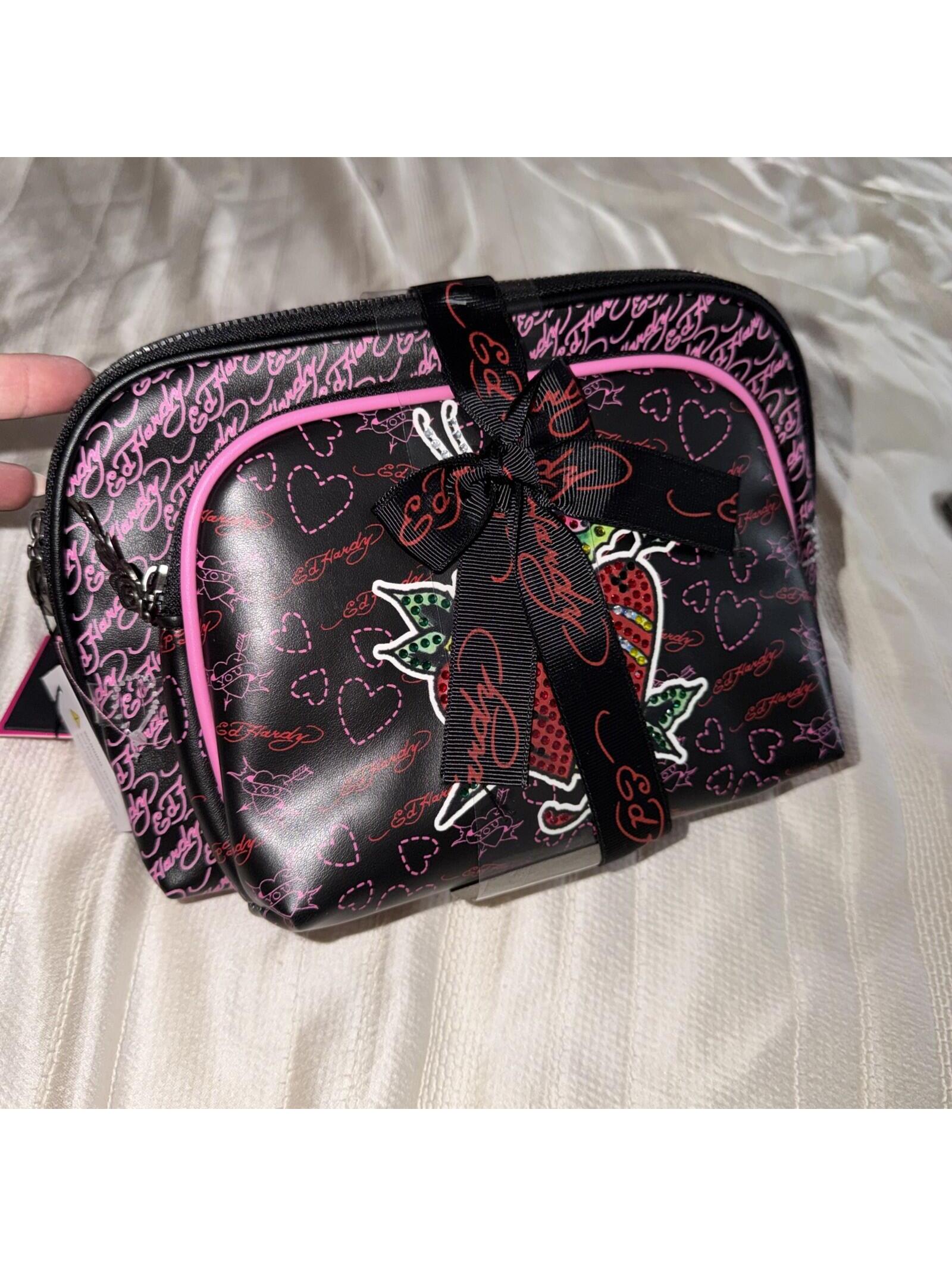 Ed Hardy Womens PinkBlack 2pc Cosmetic Bag Set Brand New